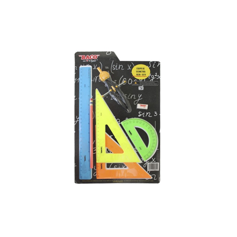 ESTUCHE DE  GEOMETRIA BACO E-5050 NEON CON COMPAS C-600