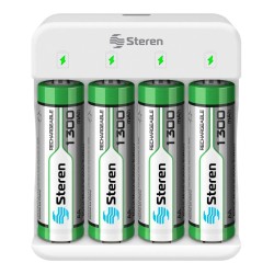 CARGADOR PARA BATERIAS STEREN CRG-016 PARA MODELOS AA Y AAA (INCLUYE 4 BATERIAS AA)