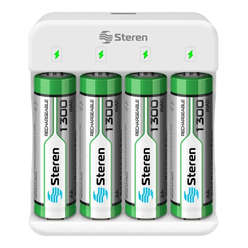 CARGADOR PARA BATERIAS STEREN CRG-016 PARA MODELOS AA Y AAA (INCLUYE 4 BATERIAS AA)