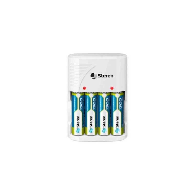 CARGADOR PARA BATERIAS STEREN CRG-020 PARA MODELOS AA, AAA Y 9V (INCLUYE 4 BATERIAS AA DE 1300MAH)