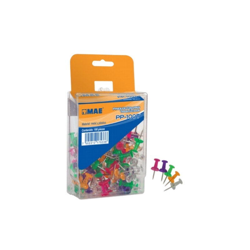 PINS PARA CORCHO MAE PP-100T COLORES SURTIDOS TRANSLUCIDOS PAQUETE CON 100
