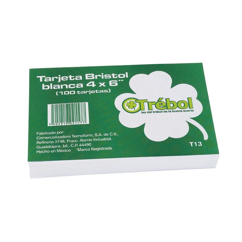 TARJETA BRISTOL T-14 TREBOL 4X6 PULGADAS RAYADA PAQUETE CON 100
