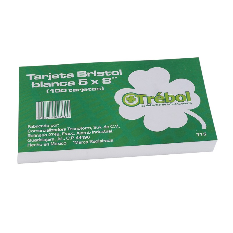 TARJETA BRISTOL T-16 TREBOL 5X8 PULGADAS RAYADA PAQUETE CON 100