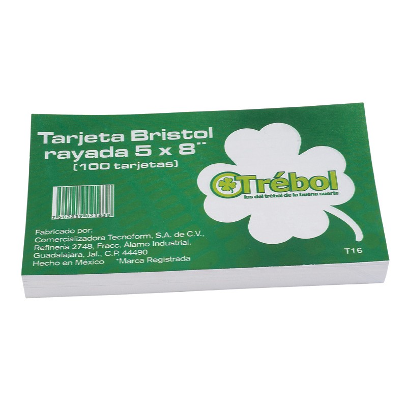 TARJETA BRISTOL T-15 TREBOL 5X8 PULGADAS BLANCA PAQUETE CON 100