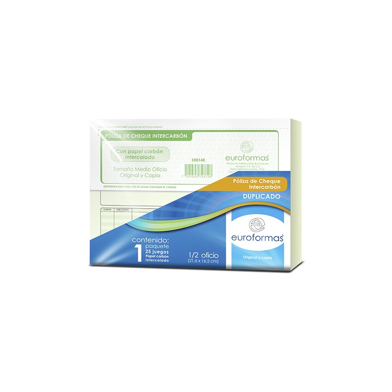POLIZA CHEQUE CON CARBON EUROFORMAS ER0148 1/2 OFICIO 25 JUEGOS