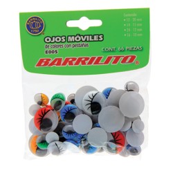OJOS MOVILES BARRILITO E005 COLORES SURTIDOS CON PESTAÑAS BOLSA CON 66