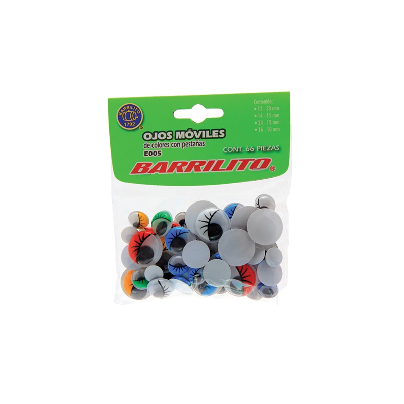 OJOS MOVILES BARRILITO E005 COLORES SURTIDOS CON PESTAÑAS BOLSA CON 66