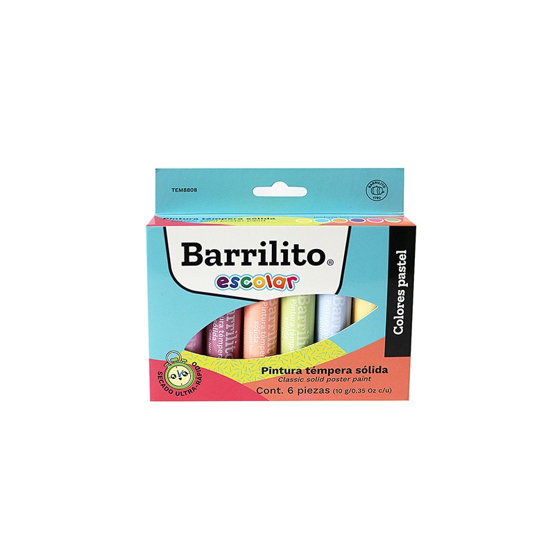 PINTURA TEMPERA BARRILITO SOLIDA COLORES PASTEL CON 6 PIEZAS
