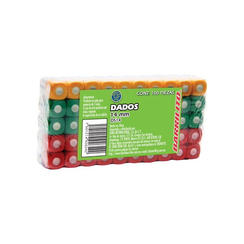 DADOS DE COLORES SOLIDOS BARRILITO DS14 14 MM. PAQUETE CON 100