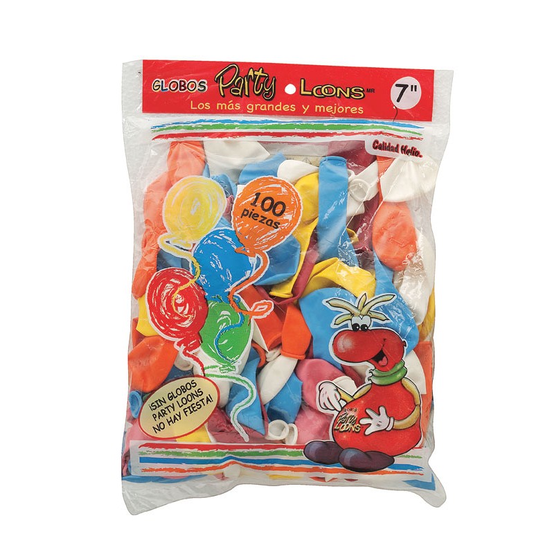 GLOBOS PARTY LOONS NO. 7 COLORES SURTIDOS BOLSA CON 100