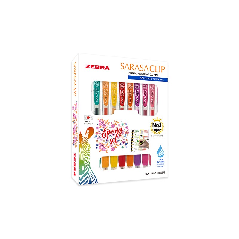 BOLIGRAFO RETRACTIL SARASA CLIP ZEBRA 808STSMDE010 SPRING PUNTO 7MM  ESTUCHE C/10 COL SURTIDOS