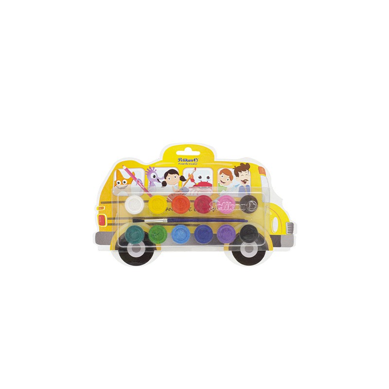 ACUARELA ESCOLAR PELIKAN ESTUCHE DE PLASTICO EN FORMA DE AUTOBUS CON 12 COLORES